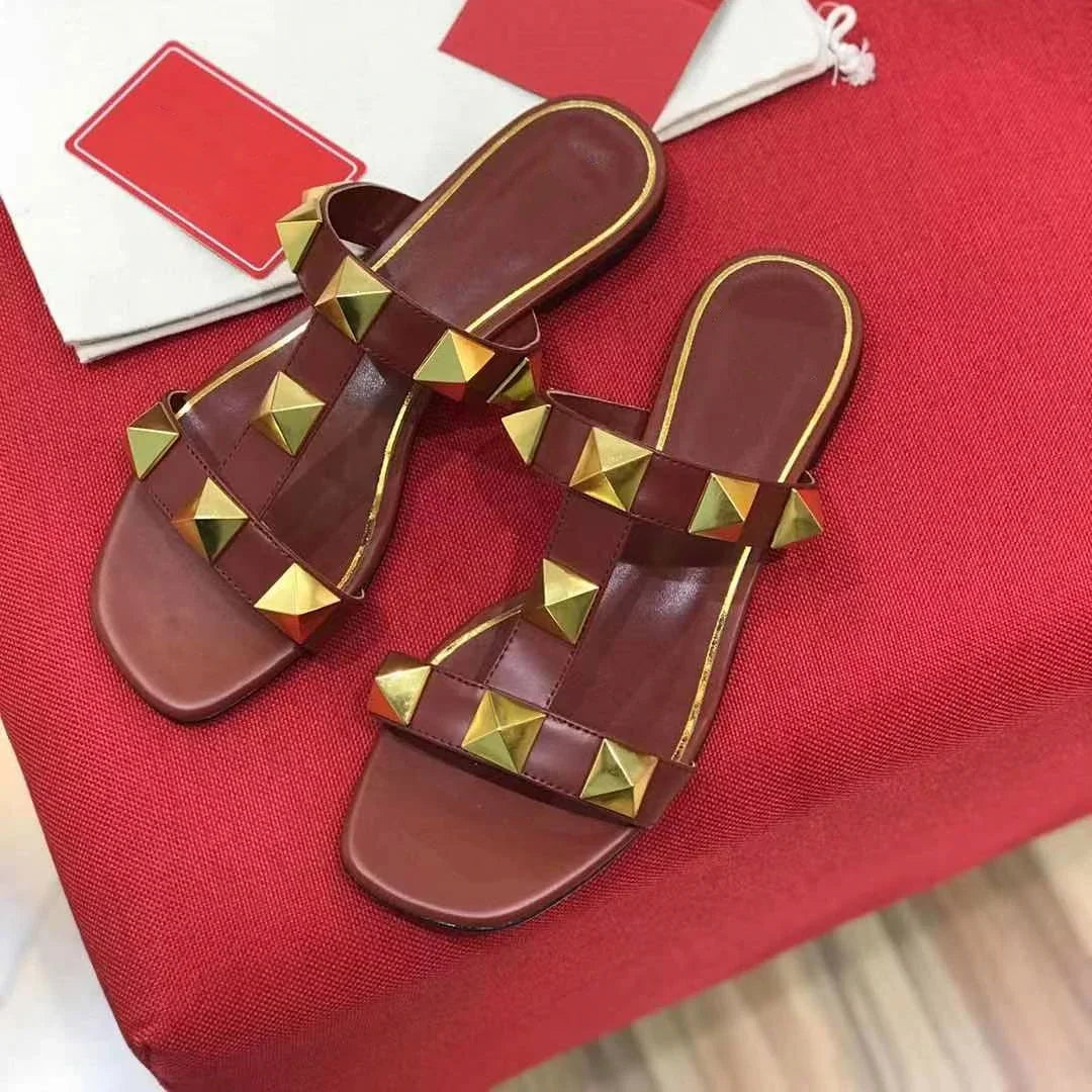SHIYUNJIN Shoes Women Size35-42 Genuine Leather Sandals Rivet Pumps Summer Leisure Flats Buckle Strap Designer Shoes Zapatillas