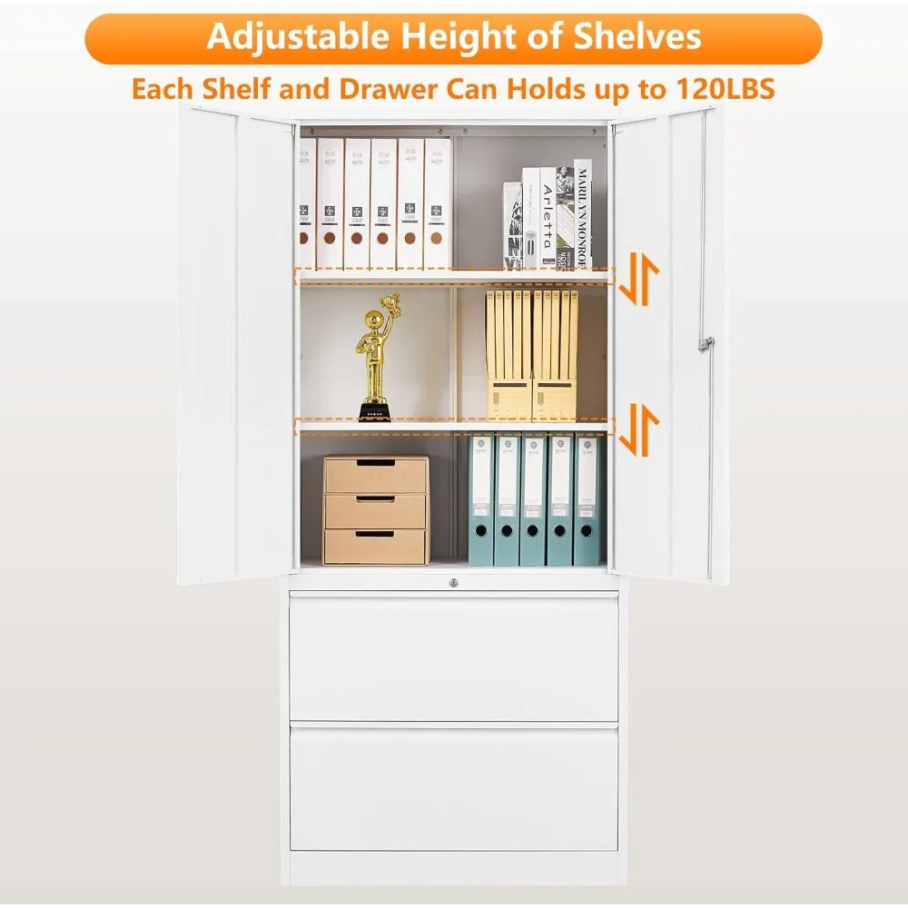 Secure Metal File Cabinet with Adjustable Shelves and Dual Drawers for Home and Office Storage