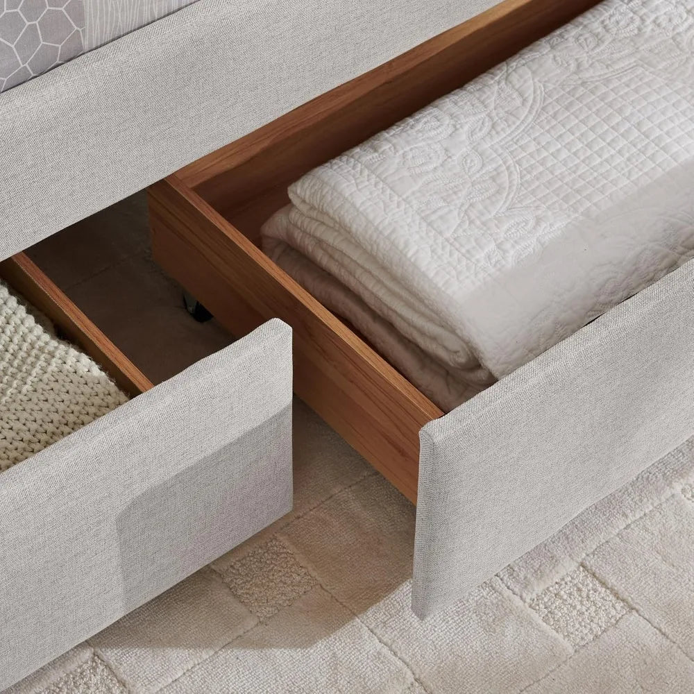 SLEERWAY Daybed with Two Drawers, Modern Linen Queen Size Day Bed Frame with Storage, Upholstered Sofa Bed with Stripes, Furnitu