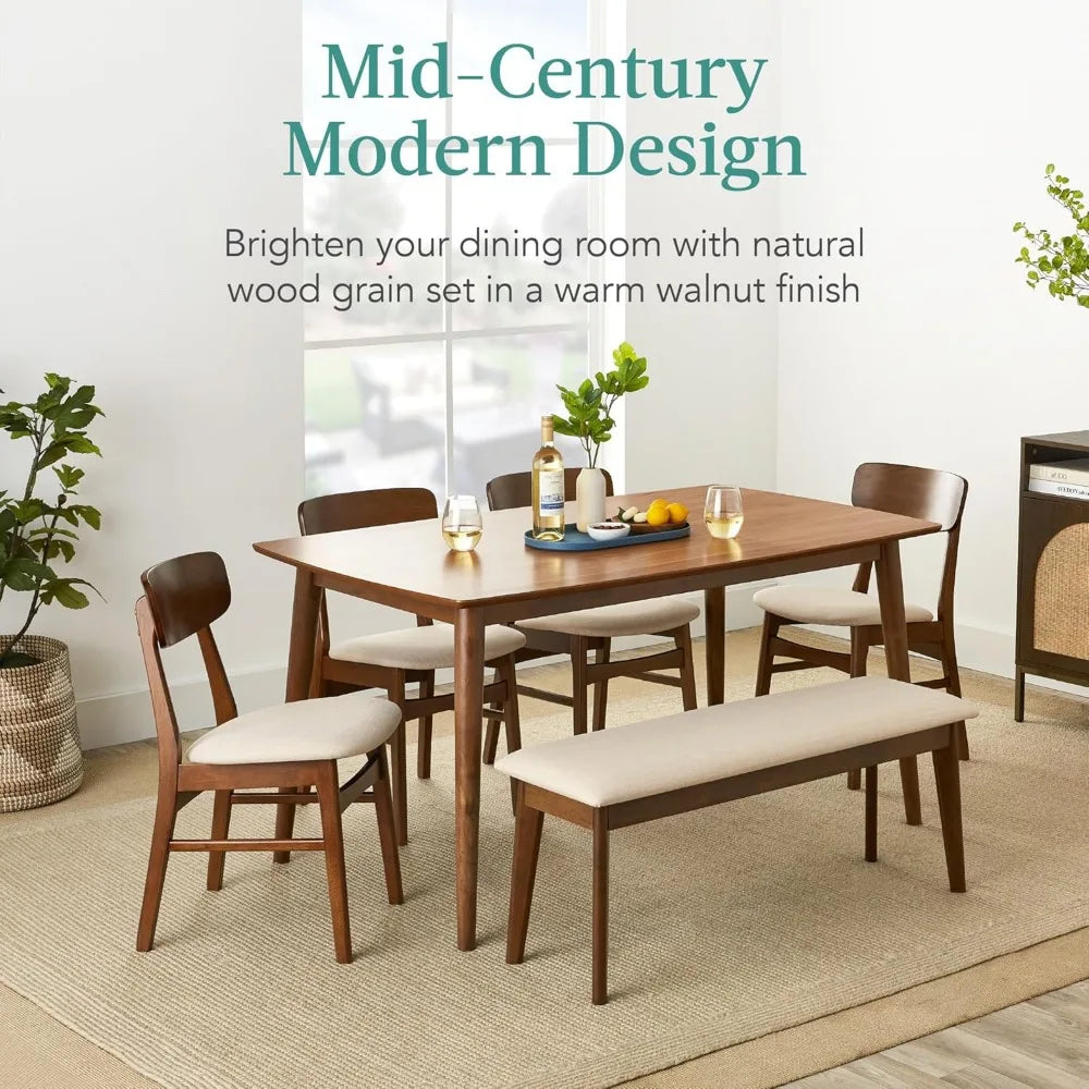 Mid-Century Modern 6-Piece Dining Set with Walnut Table and Cream Upholstered Chairs Including Bench