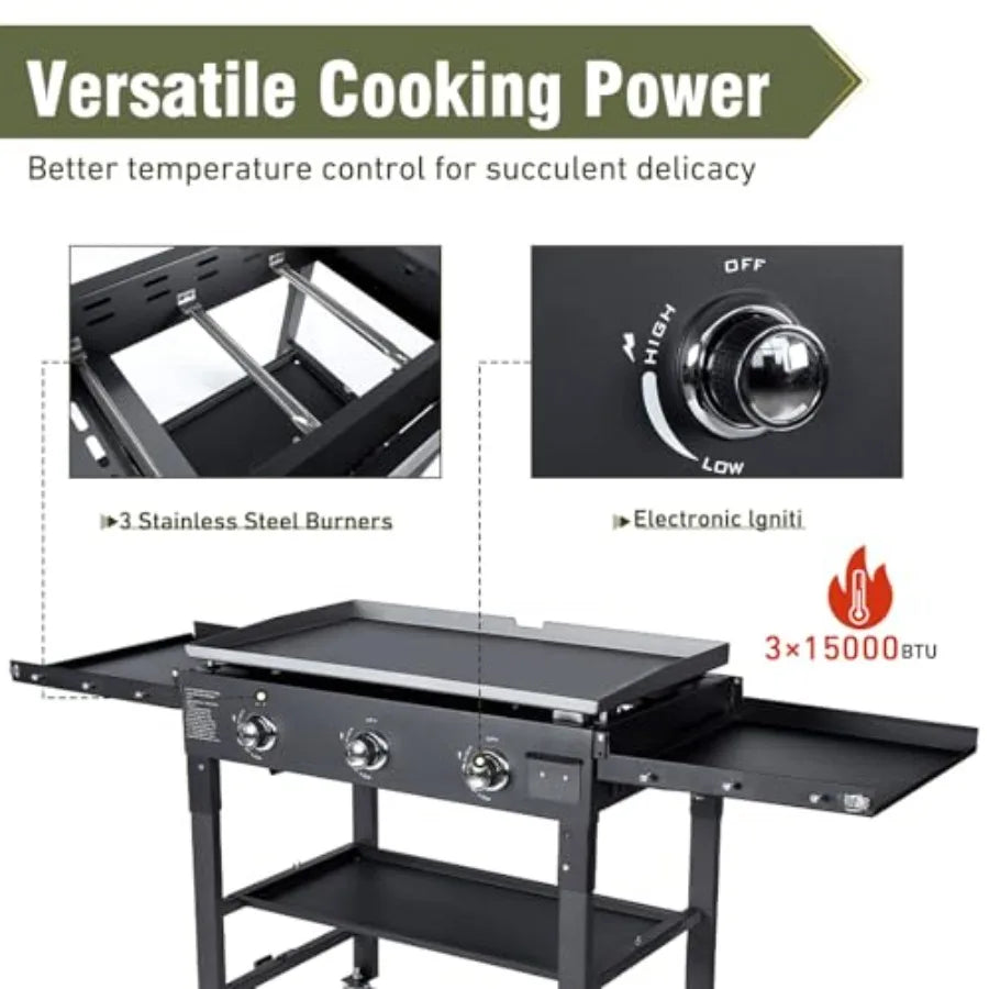 3 Burner 35 Flat Top Grill 45 000 BTU Outdoor Cooking with Porcelain-Enameled Cast Iron Grate and Pan in Black for BBQ Camping