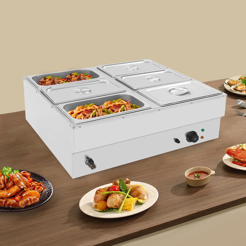 1500W Countertop Stainless Steel Soup Warmer, Food Warmer Machine, 6-Pan Commercial Food Warmer with Lids