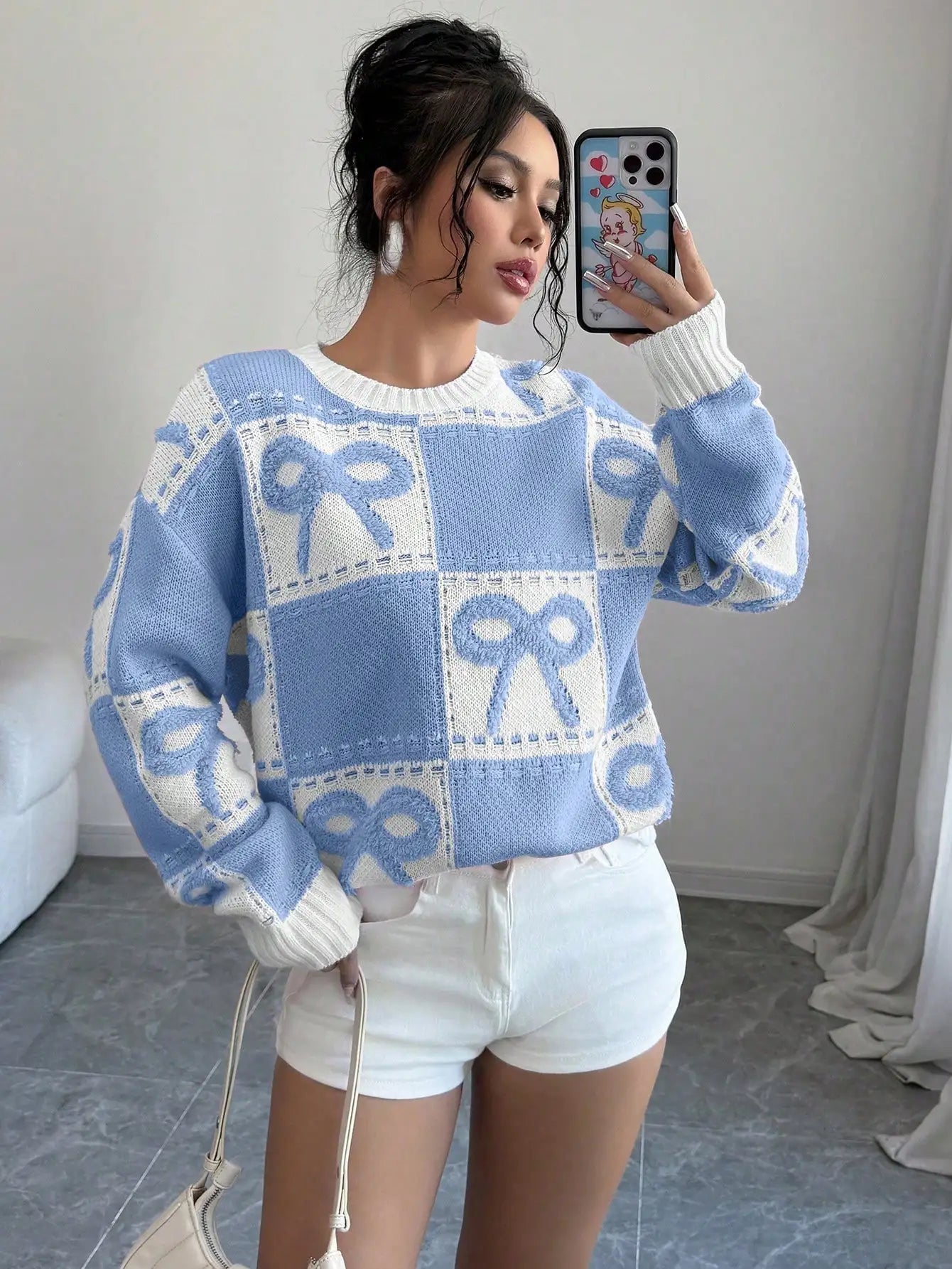 Pink & White Checkered 3D Bow Knit Pullover Sweater, Round Neck, Fall Winter Casual Style