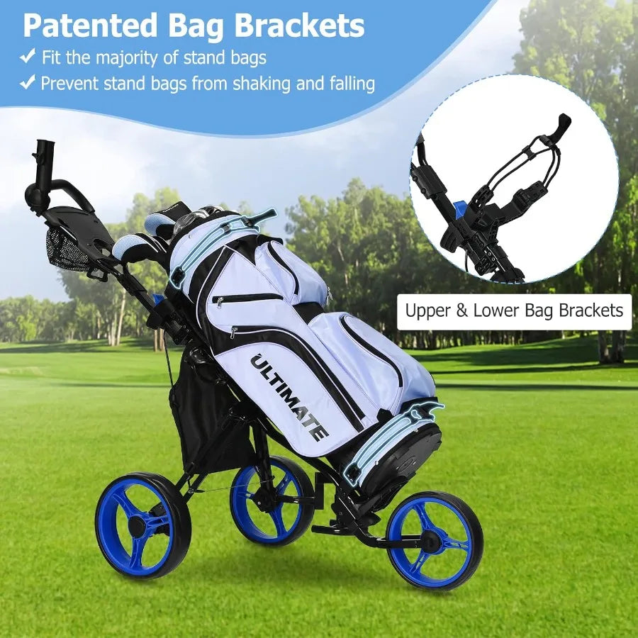 Foldable Golf Push Cart in Navy Blue with Sturdy Steel Frame for Easy Transport and Storage Adjustable Height Handlebar for Com