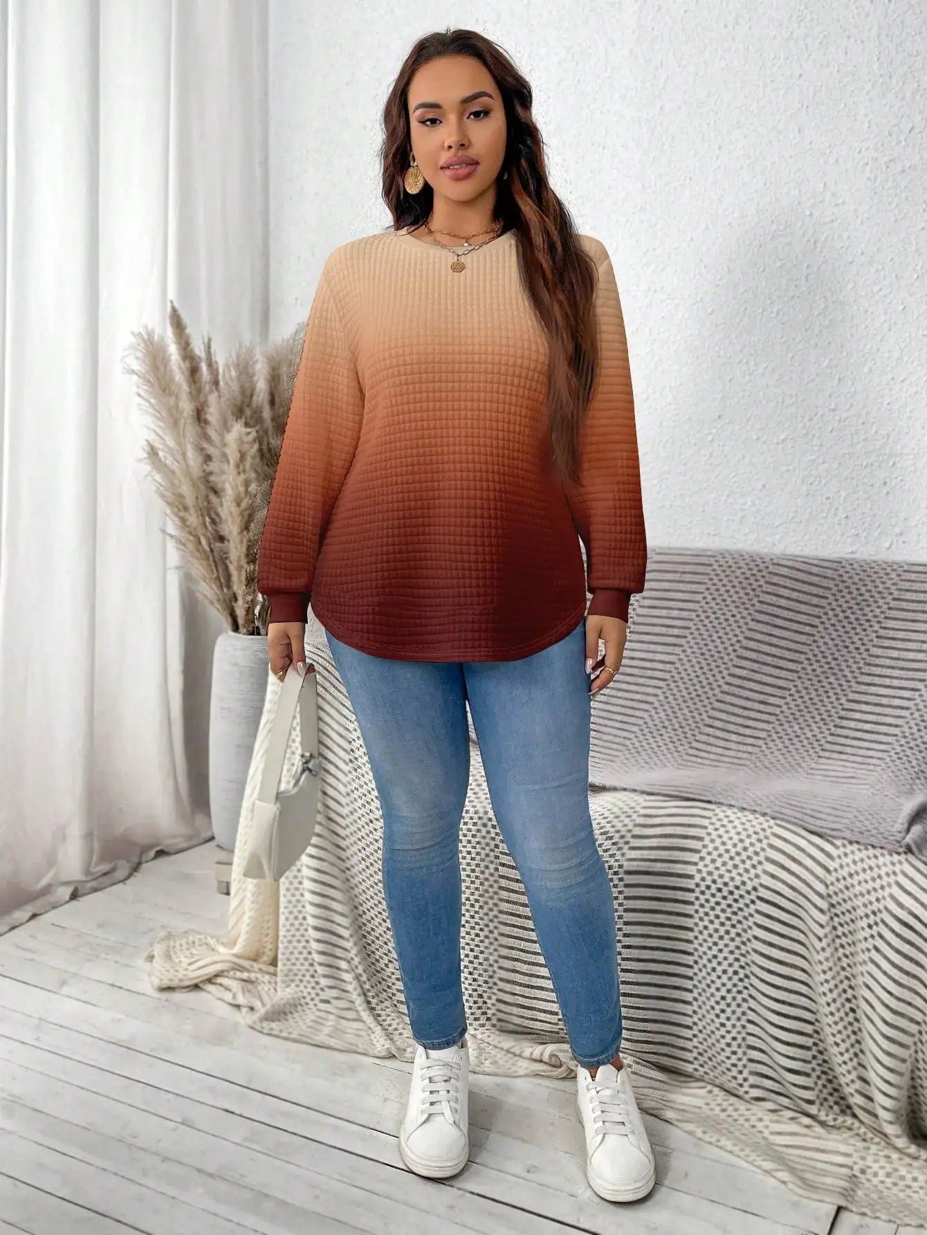 Ombre Waffle Knit Sweatshirt for Women, Plus Size Casual Long Sleeve Top, Autumn Winter Fashion