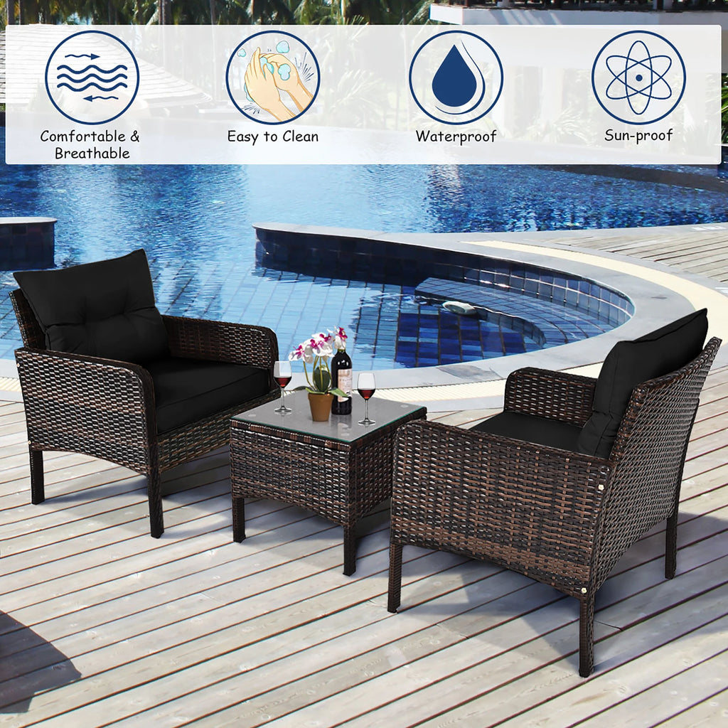 3PCS Outdoor Rattan Conversation Set Patio Garden Cushioned Sofa Chair Black
