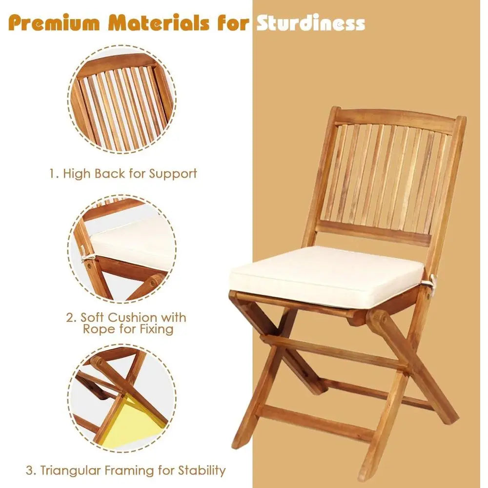 Outdoor Patio Bistro Set with Folding Wooden Table and 2 Cushioned Chairs, Natural and Beige for Garden and Yard