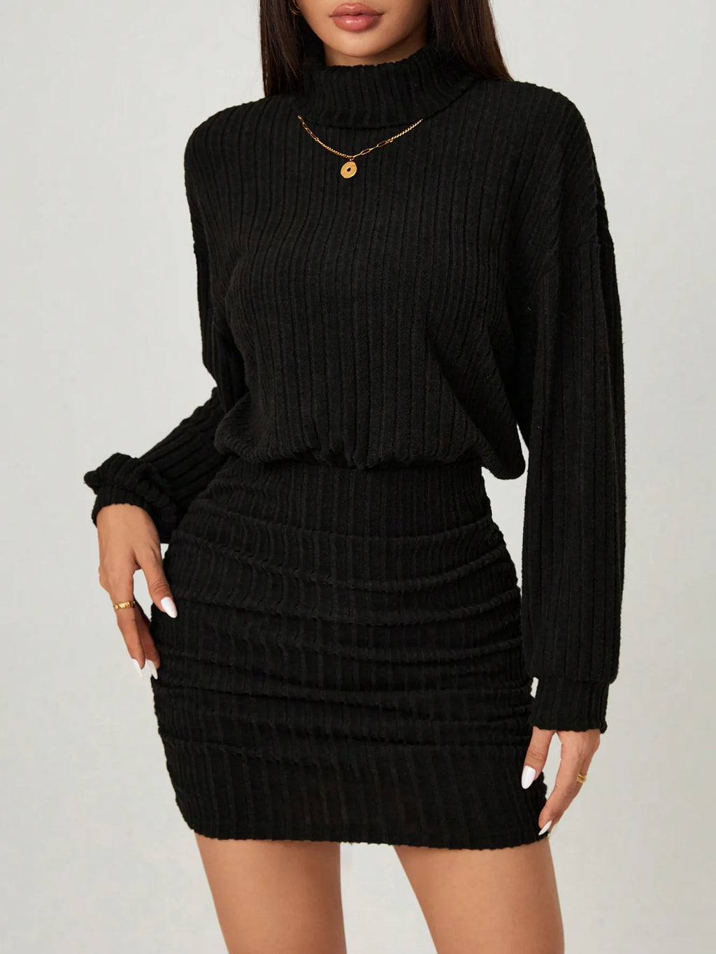 Turtleneck Drop Shoulder Ruched Bodycon Dress,Business Casual Woman