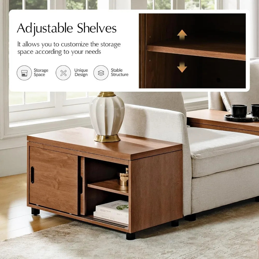 Home Sofa Side Table with Modular Design, Rectangle Wood End Table with Adjustable Shelves, Modern Coffee Table with Storage