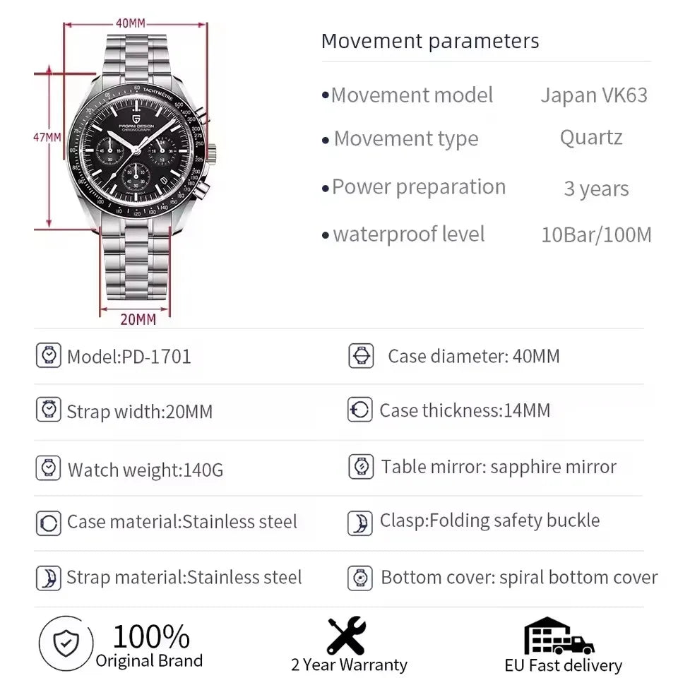 PAGANI DESIGN 500 Speedometer circle Sport Chronograph AR Sapphire Japan Movt Luxury Men watch 316L All Steel Luminous Man watch