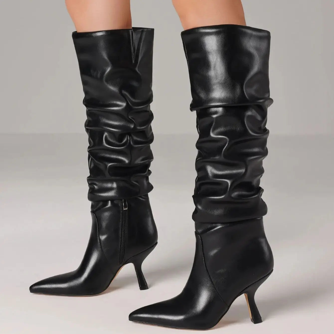Women's Slouchy Knee High Boots Pointed Toe Stiletto High Heels Wrinkled Pleated Side Zipper Pull On Party Dress Sexy Fall Boots