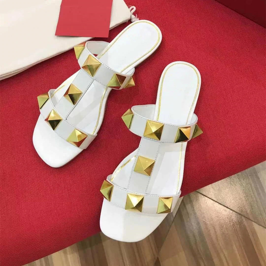 SHIYUNJIN Shoes Women Size35-42 Genuine Leather Sandals Rivet Pumps Summer Leisure Flats Buckle Strap Designer Shoes Zapatillas