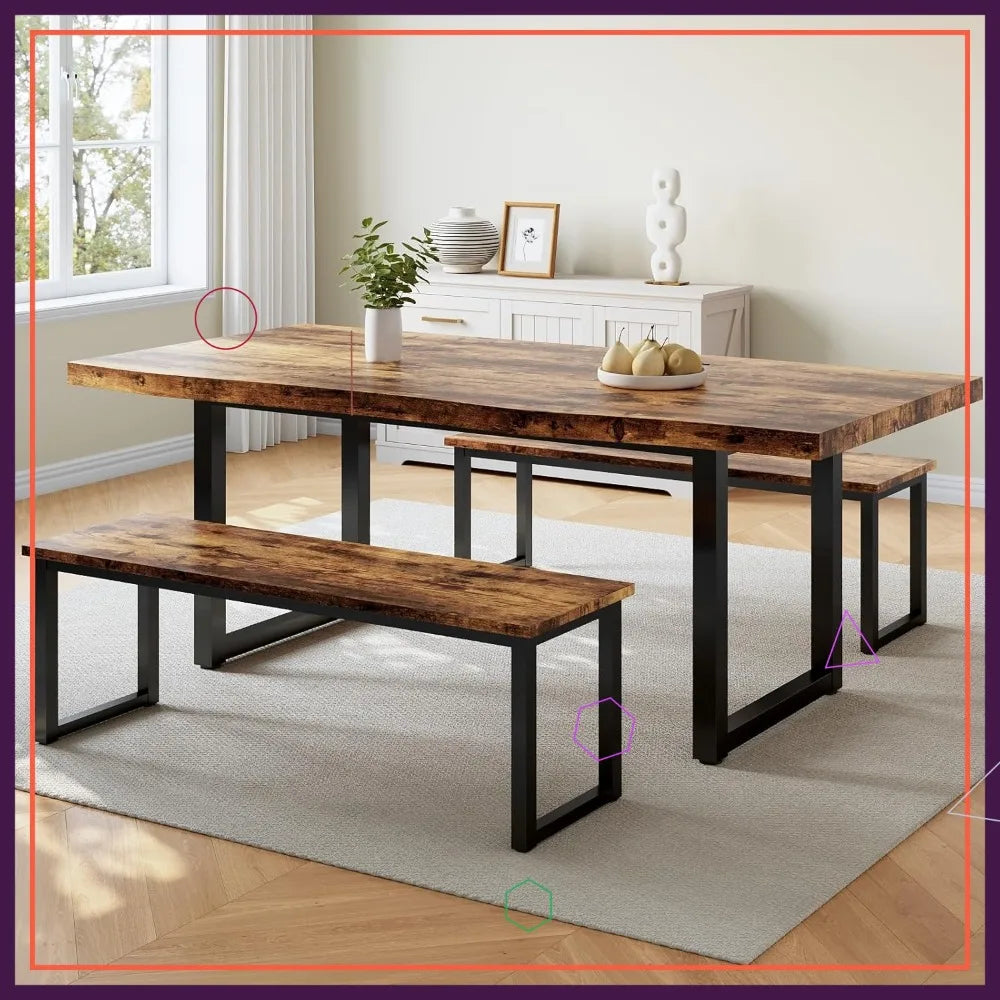 63" Modern Dining Table Set with 2 Benches for 4-6 Persons, Thickened MDF Wooden Kitchen Table and Chairs