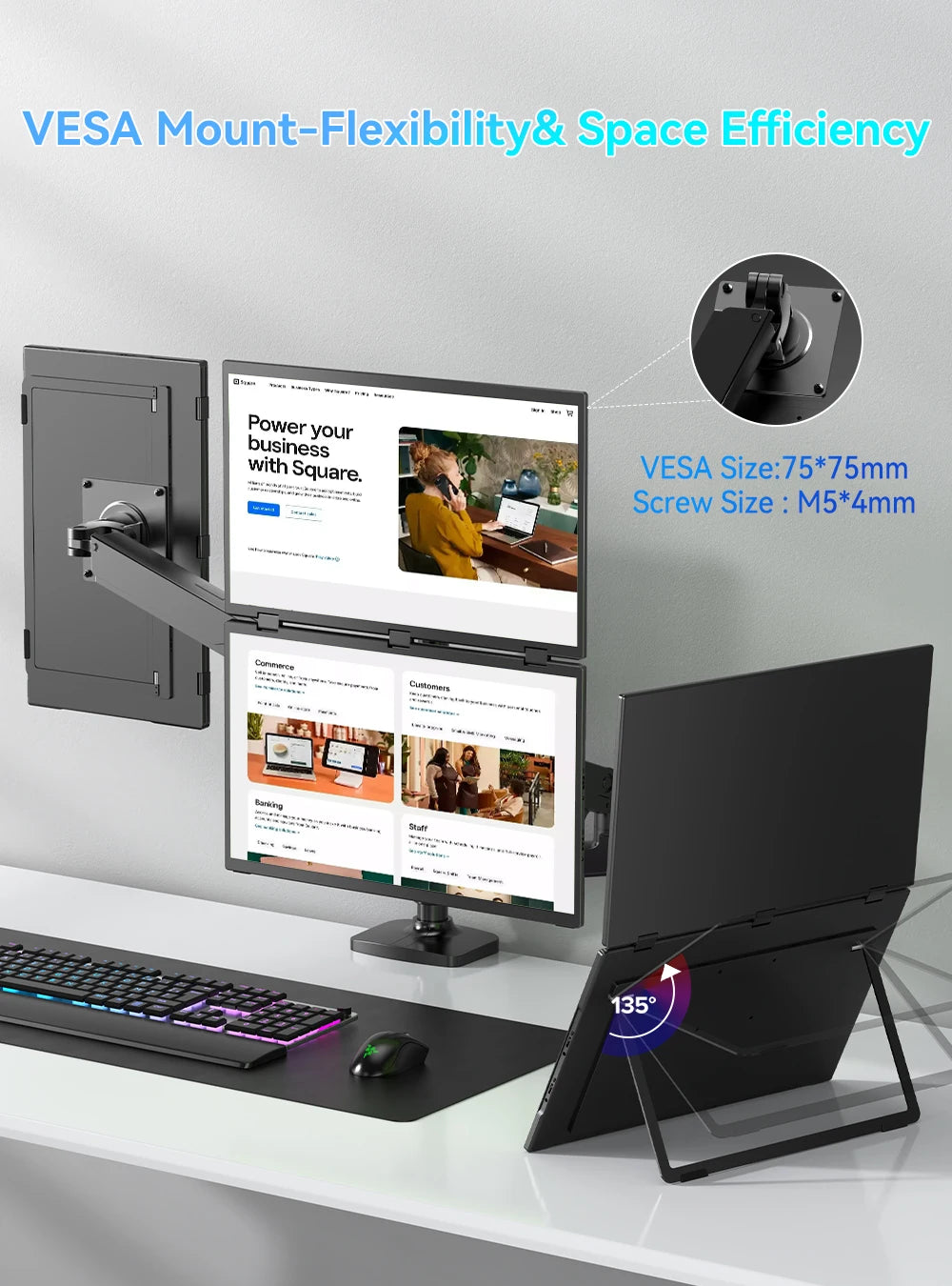 18.5" Triple Portable Monitor 100Hz 1080P Large Folding Stacked External Mobile Computer Display for Laptop PC Phone Game Consol
