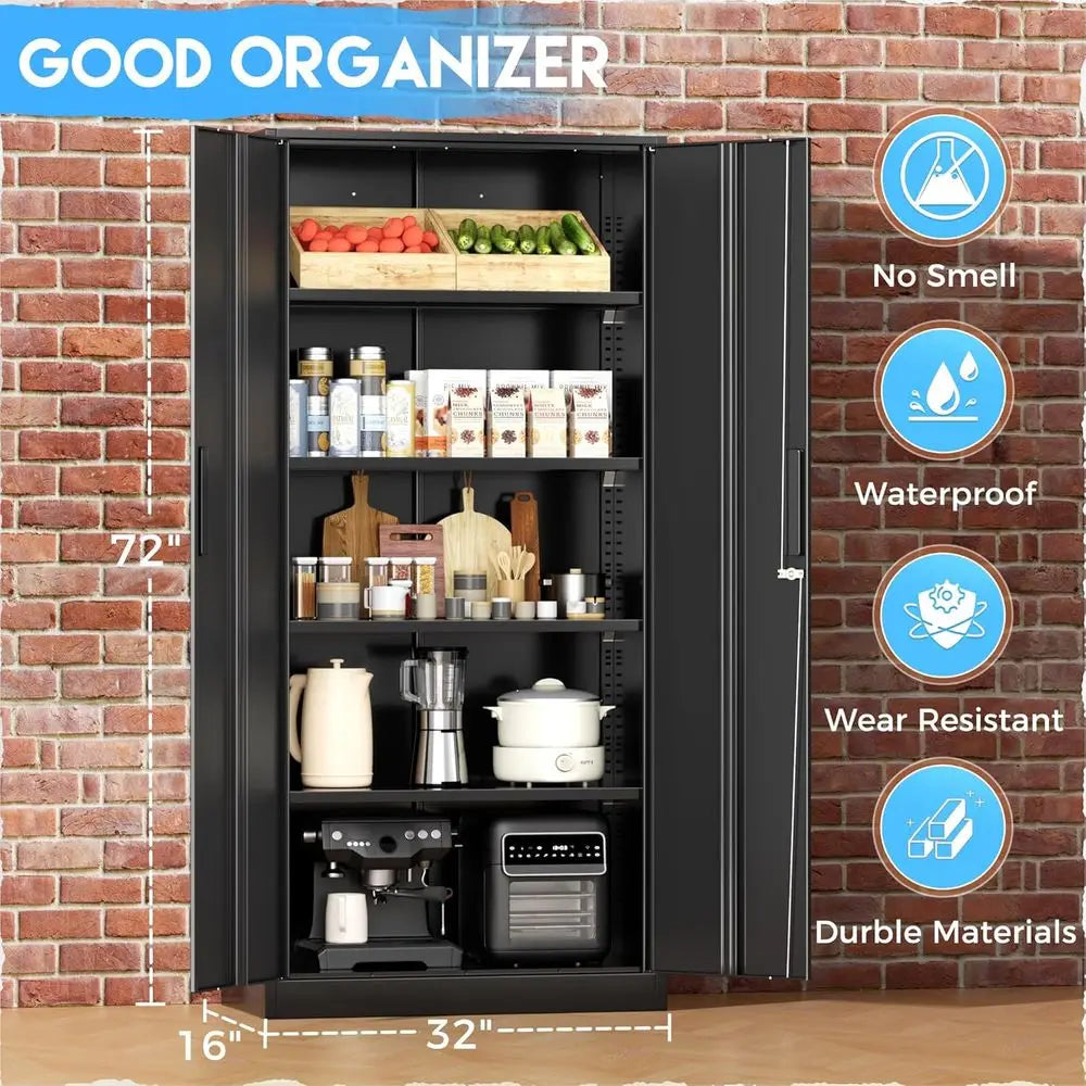 72 Tall Black Metal Lockable Storage Cabinet with Doors and Shelves for Garage, Home, or Office