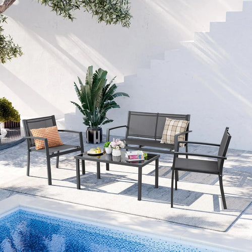 4-Piece Outdoor Patio Set with Glass Table, Loveseat & 2 Chairs for Garden, Lawn, Porch in Gray
