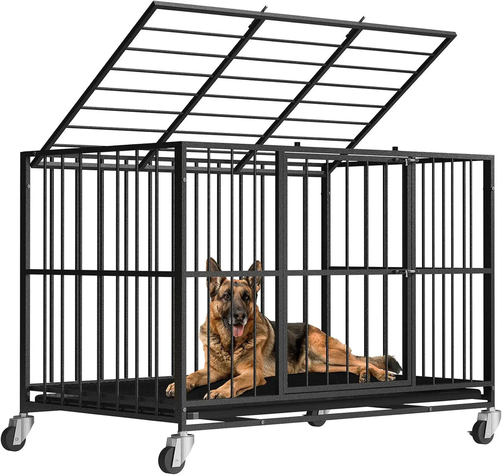 48-Inch Heavy-Duty Steel Dog Crate with Double Doors, Removable Tray, and Wheels for Indoor Use