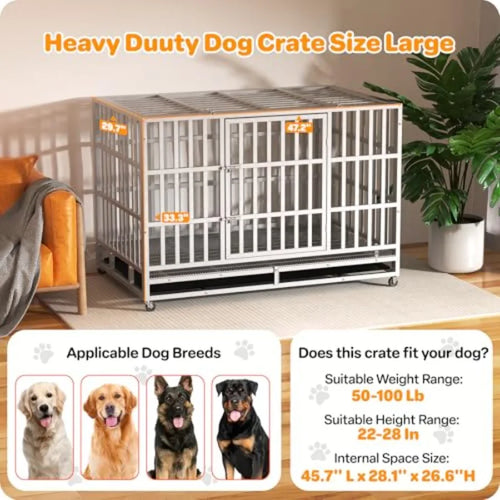48 Inch Heavy Duty Indestructible Dog Crate Steel Escape Proof Indoor Double Door High Anxiety Cage with Wheels Removable Tray