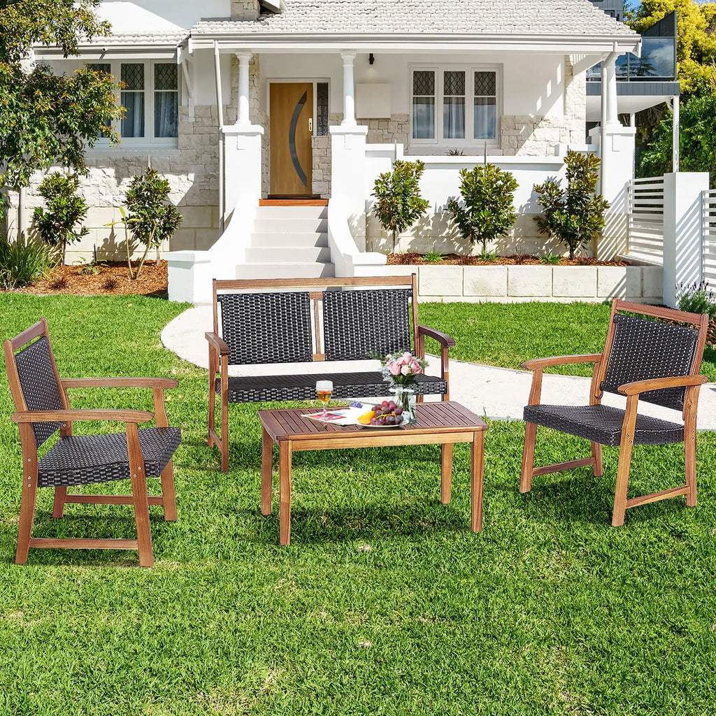 4 PCS Patio Rattan Furniture Set Acacia Wood Frame Sofa Loveseat Garden