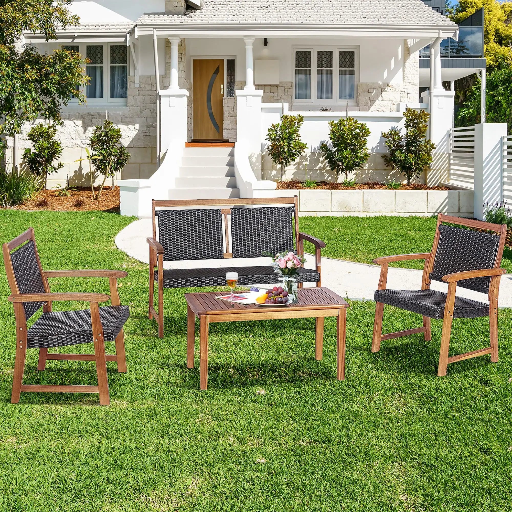 4 PCS Patio Rattan Furniture Set Acacia Wood Frame Sofa Loveseat Garden