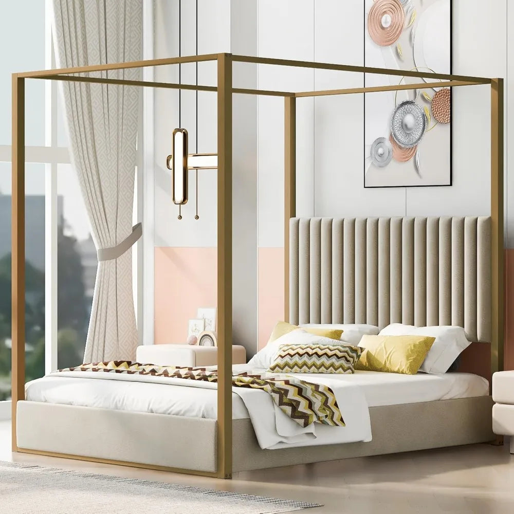 Contemporary Queen Upholstered Canopy Bed with Headboard and Metal Low Profile Platform