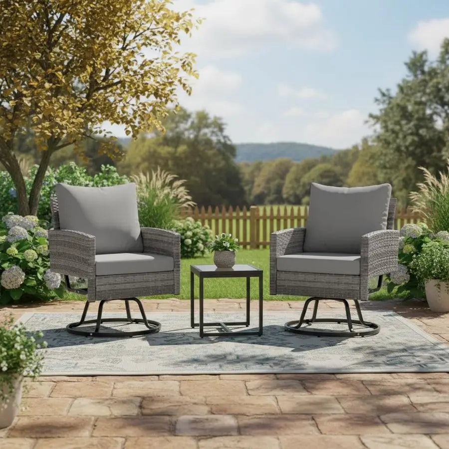 3 Piece Patio Furniture Set, Outdoor Swivel Patio Chairs Set of 2, Wicker Apartment Balcony Furniture Set with Thick Cushions f