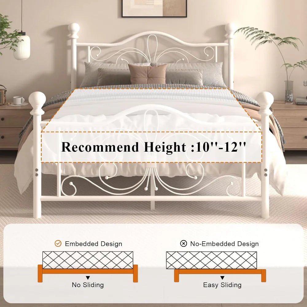 Full Size Bed Frame，Metal Platform Bed Frame with Headboard, Butterfly Pattern Design Headboard & Footboard, Strong Metal Slat S