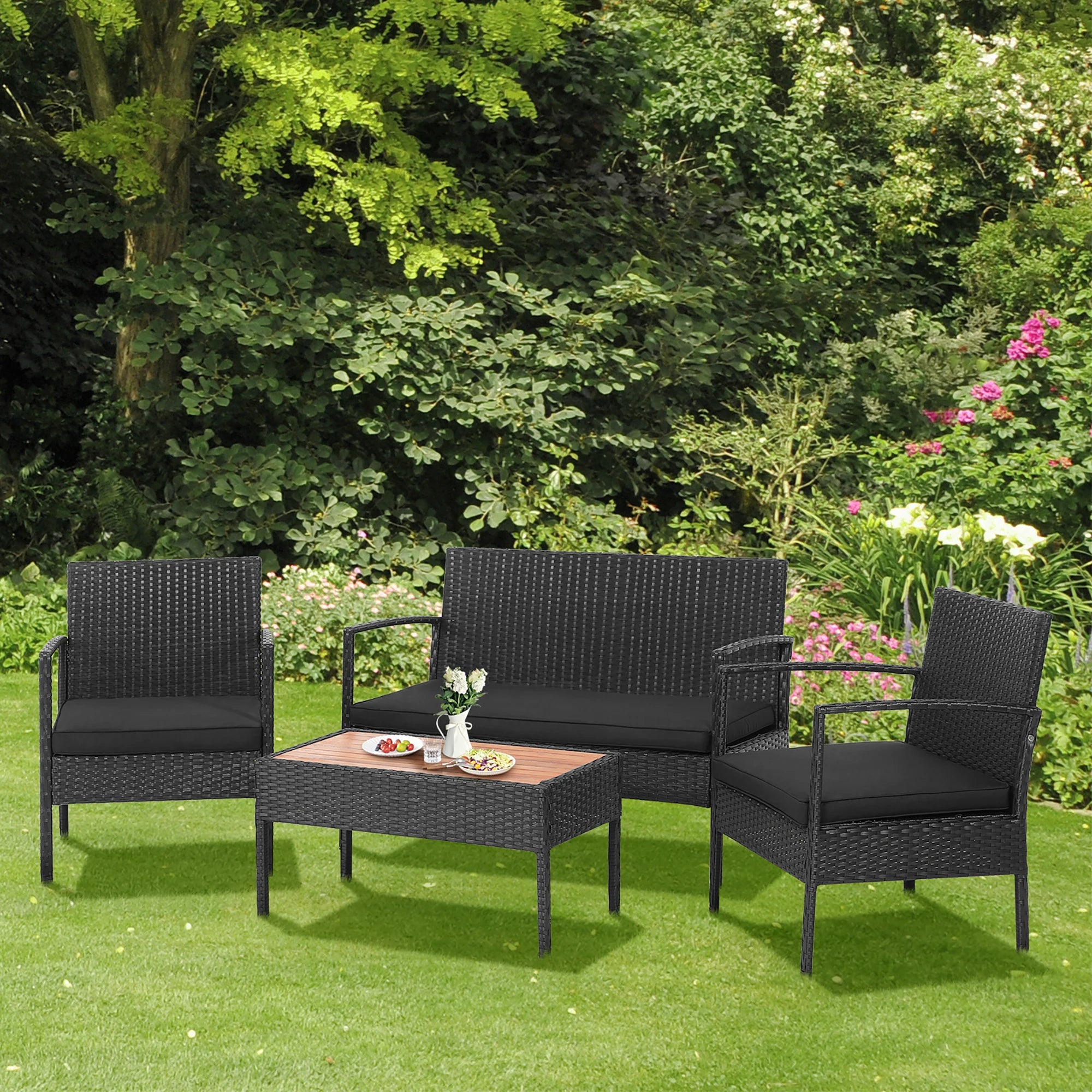 4PCS Patio Rattan Furniture Set Cushioned Chair Wooden Tabletop Black