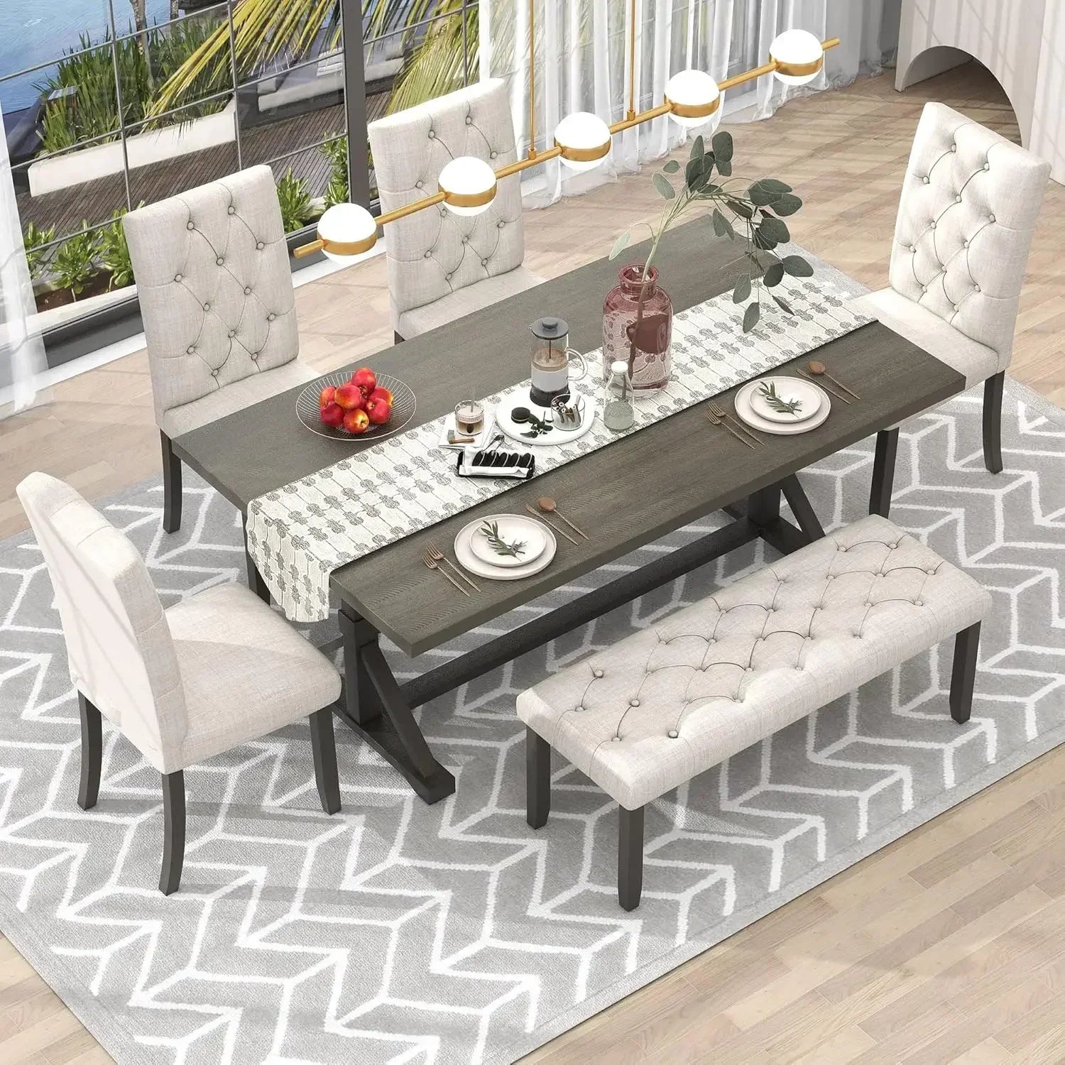 （XMSJ-Hot）6 Piece Kitchen Dining Table Set, 72 inch Wooden Rectangular Table with 4 Upholstered Chairs and a Bench, Dining Room