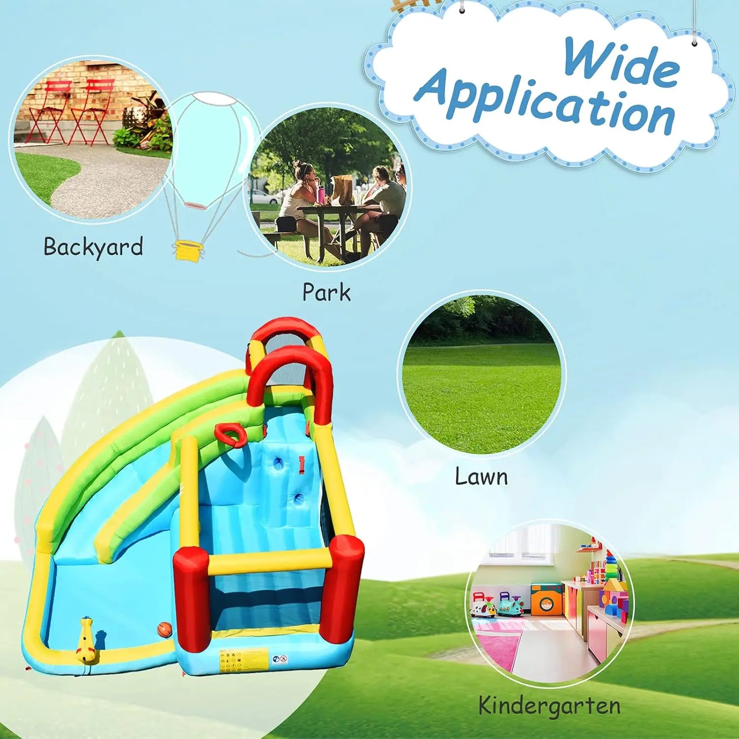 6-in-1 Bounce House, Inflatable Jumper w/Slide, Climbing Wall, Splash Pool, Water Gun, Basketball Hoop, Outdoor Indoor Blow Up B