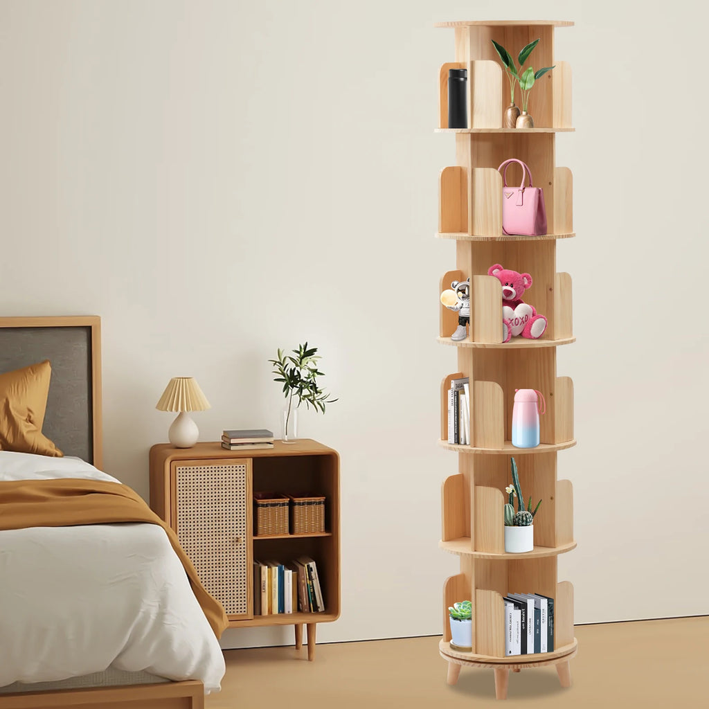 Rotating Bookshelf 6 Tiers Pine Wood 110lbs Load per Layer 0.47in Thick Panels Curved Baffle Reinforced Chassis for Kids Room