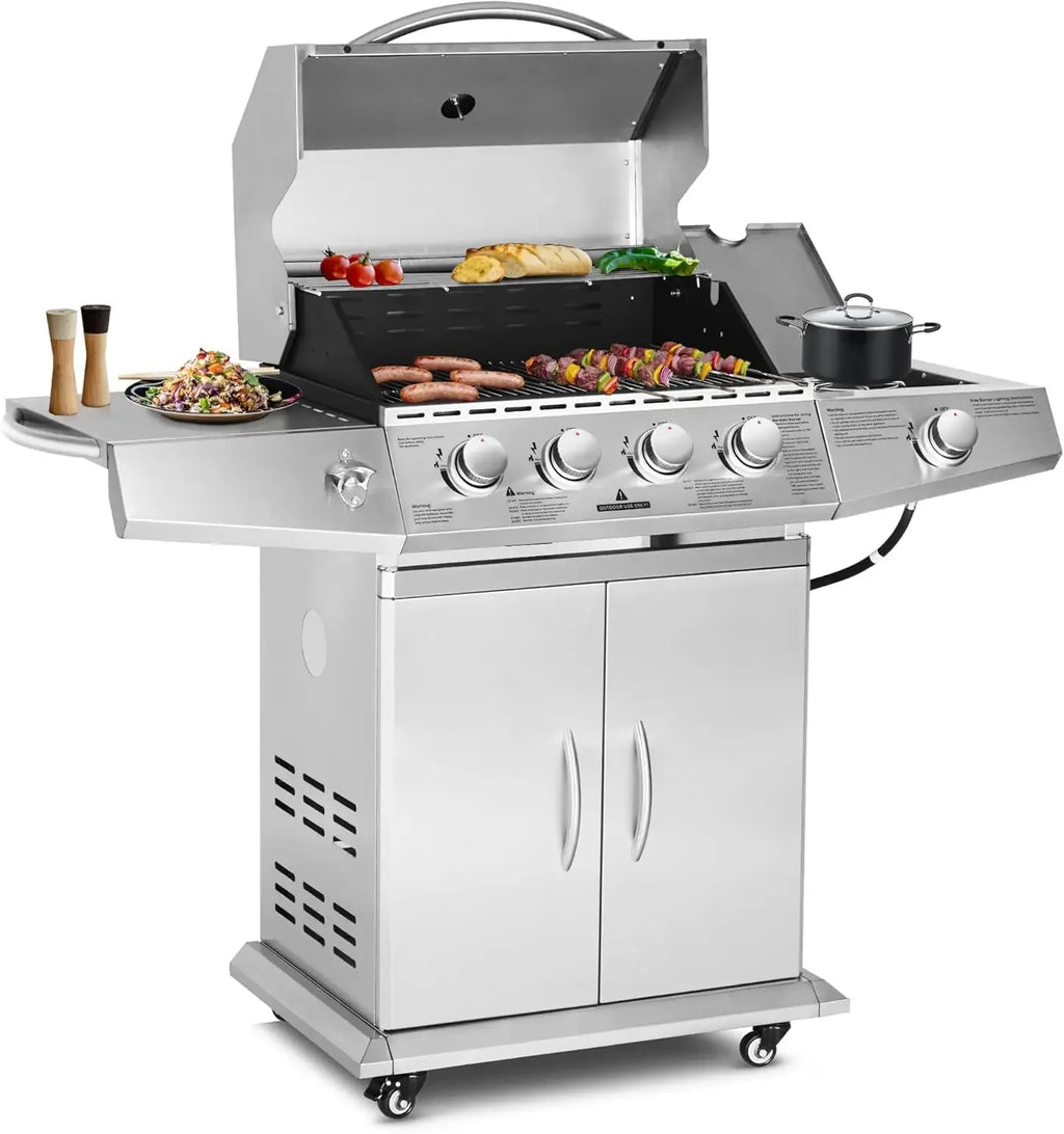 Propane Gas Grill 4 Burners with Side Burner, Stainless Steel Grill Cart with Wheels for Outdoor Patio Garden Backyard Cooking b