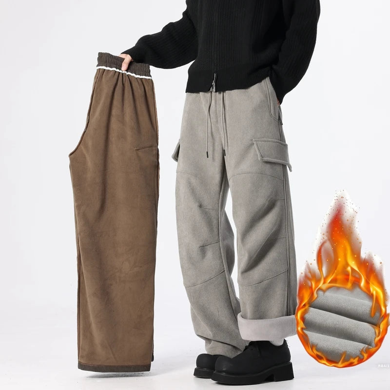 Men's Winter Cargo Pants Thickened Casual Straight Leg Trousers Solid Streetwear Comfortable Fabric Outdoor Unisex