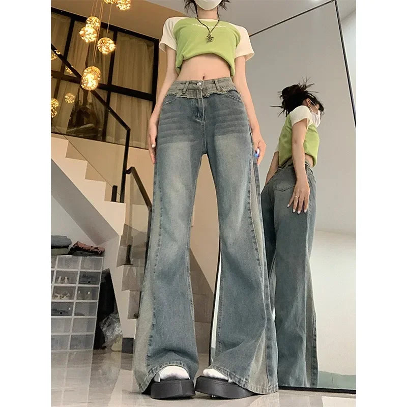 Slimming High Waist Bell Bottom Jeans Women's plus Size Patchwork Design American Retro Style Autumn New Arrival Long Pants
