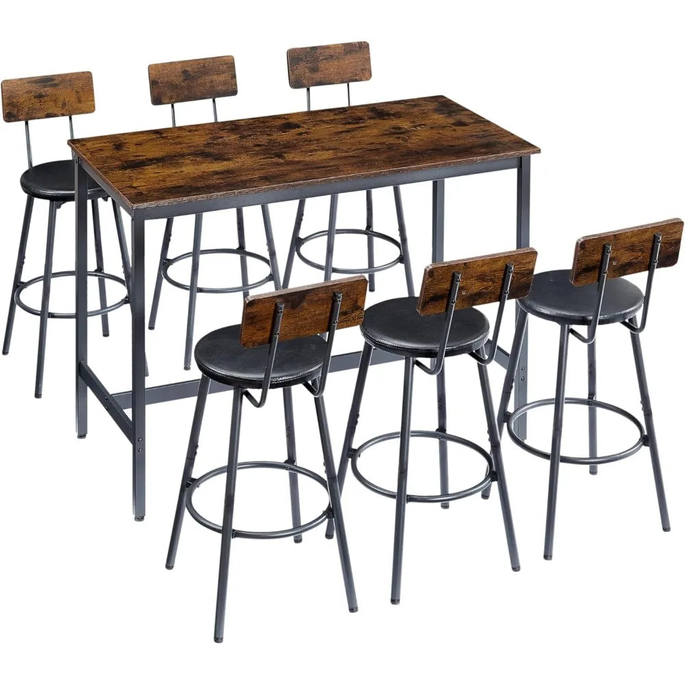 bar table and chairs set for 6, 7 pieces pub bistro table with 6 pu upholstered bar stools, 42" high top table set for restauran