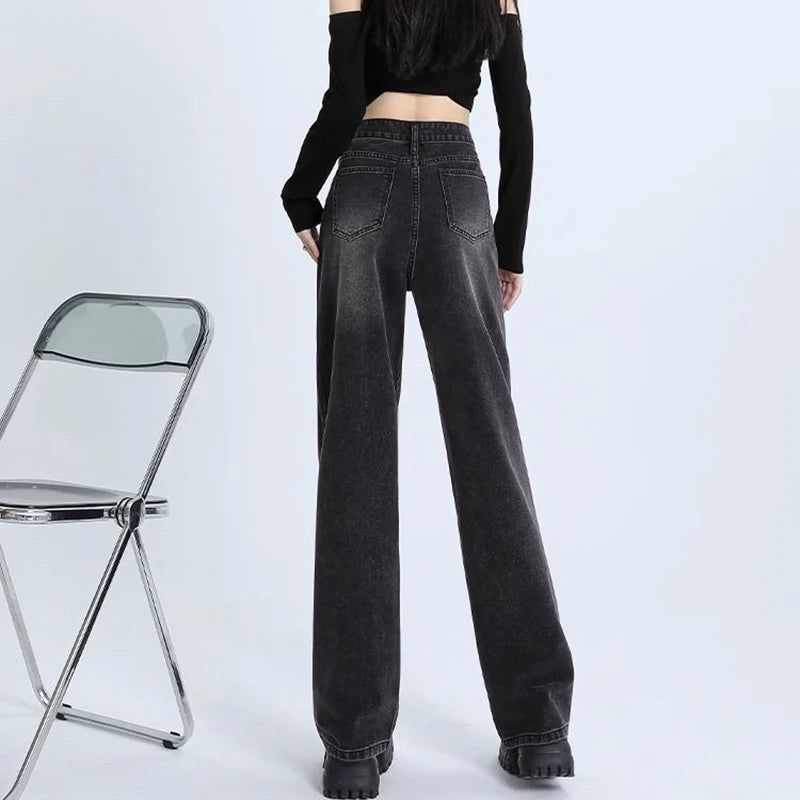 Woman New High Waist Vintage Thicken Jeans Female Casual High Street Thermal Flare Pants Girls Fashion Black Grey Denim Trousers
