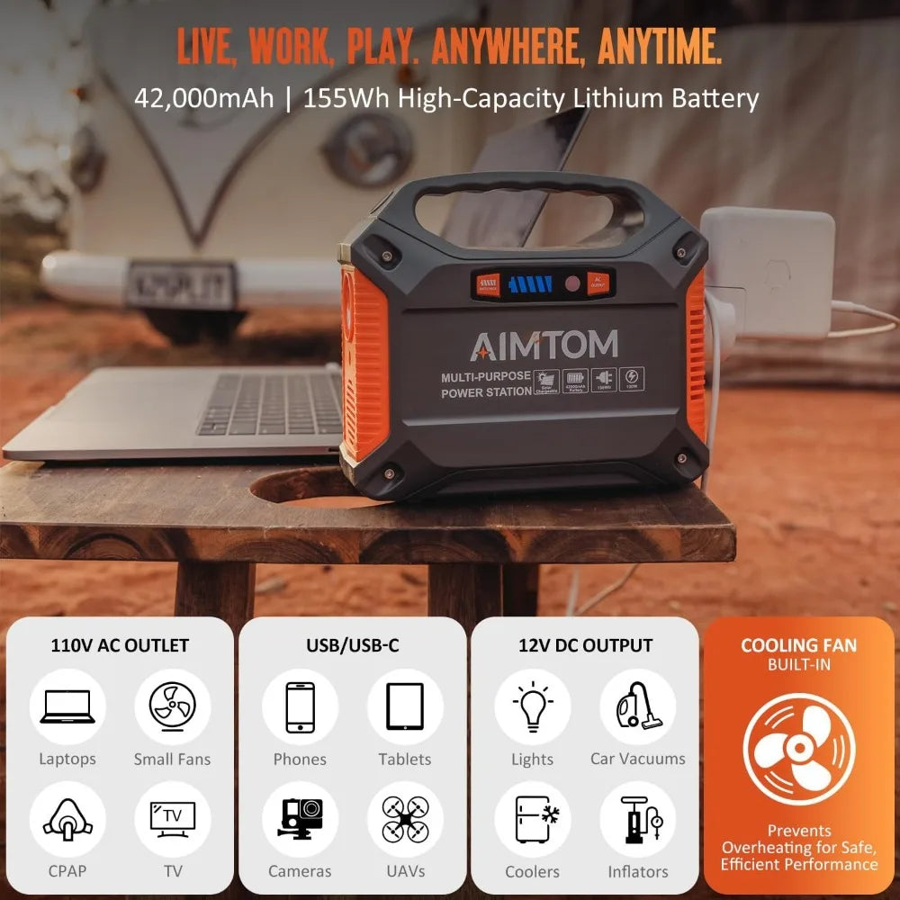 155Wh Portable Power Station with Solar Charging, 42000mAh Backup Battery for Camping, Home, RV & Travel