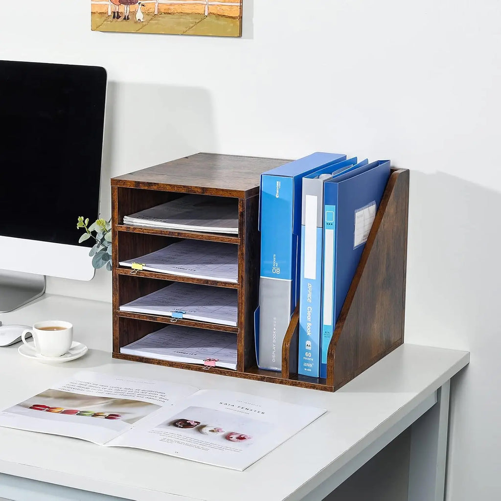 Wooden Desktop File Holder Organizer with Adjustable Compartments for Office Supplies, Brown