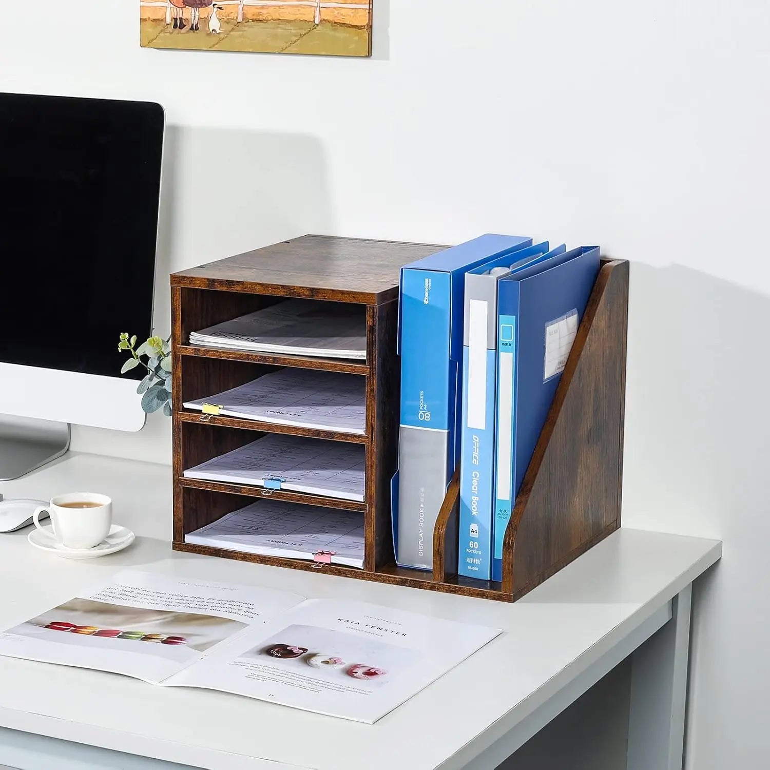 Wooden Desktop File Holder Organizer with Adjustable Compartments for Office Supplies, Brown