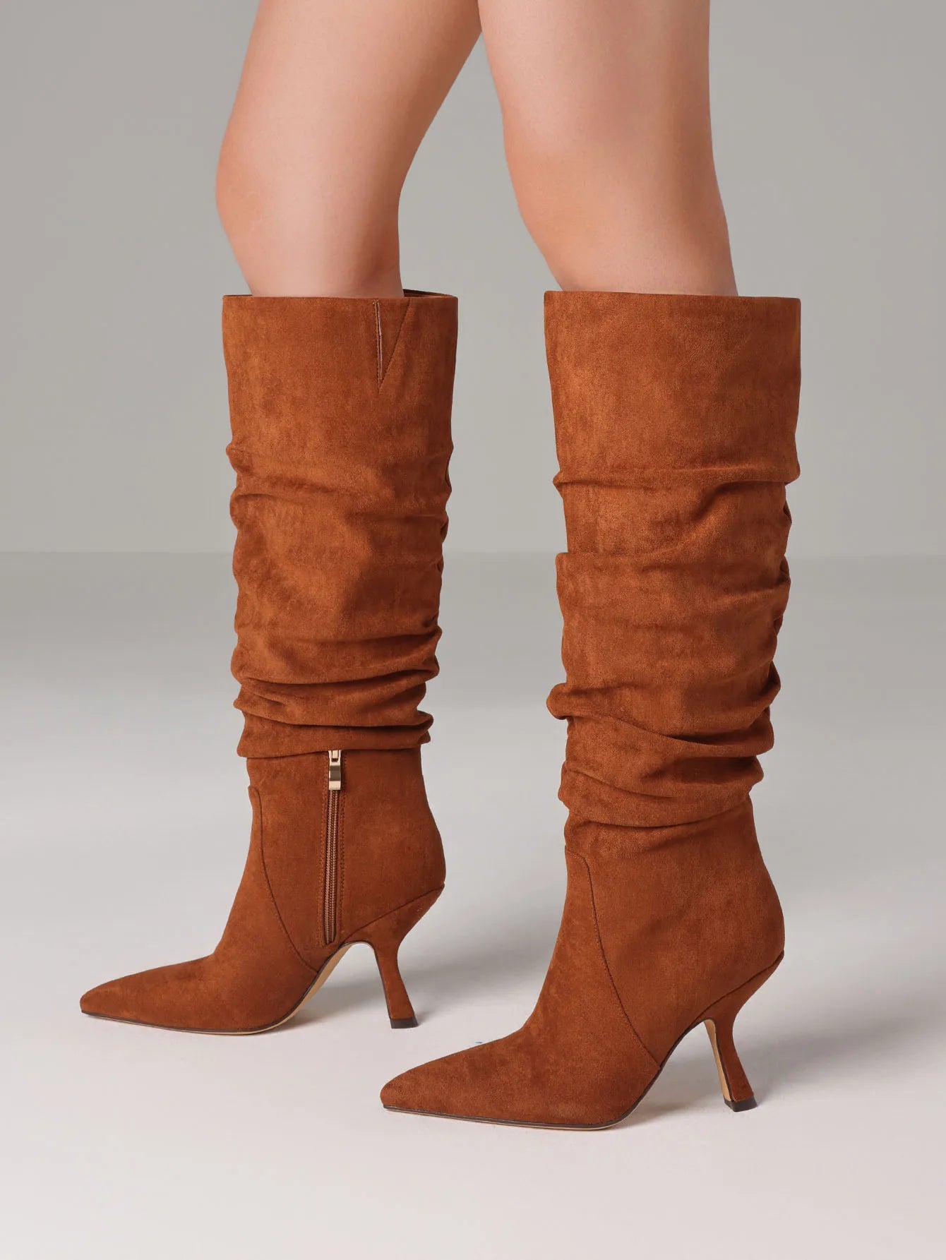 Women's Slouchy Knee High Boots Pointed Toe Stiletto High Heels Wrinkled Pleated Side Zipper Pull On Party Dress Sexy Fall Boots