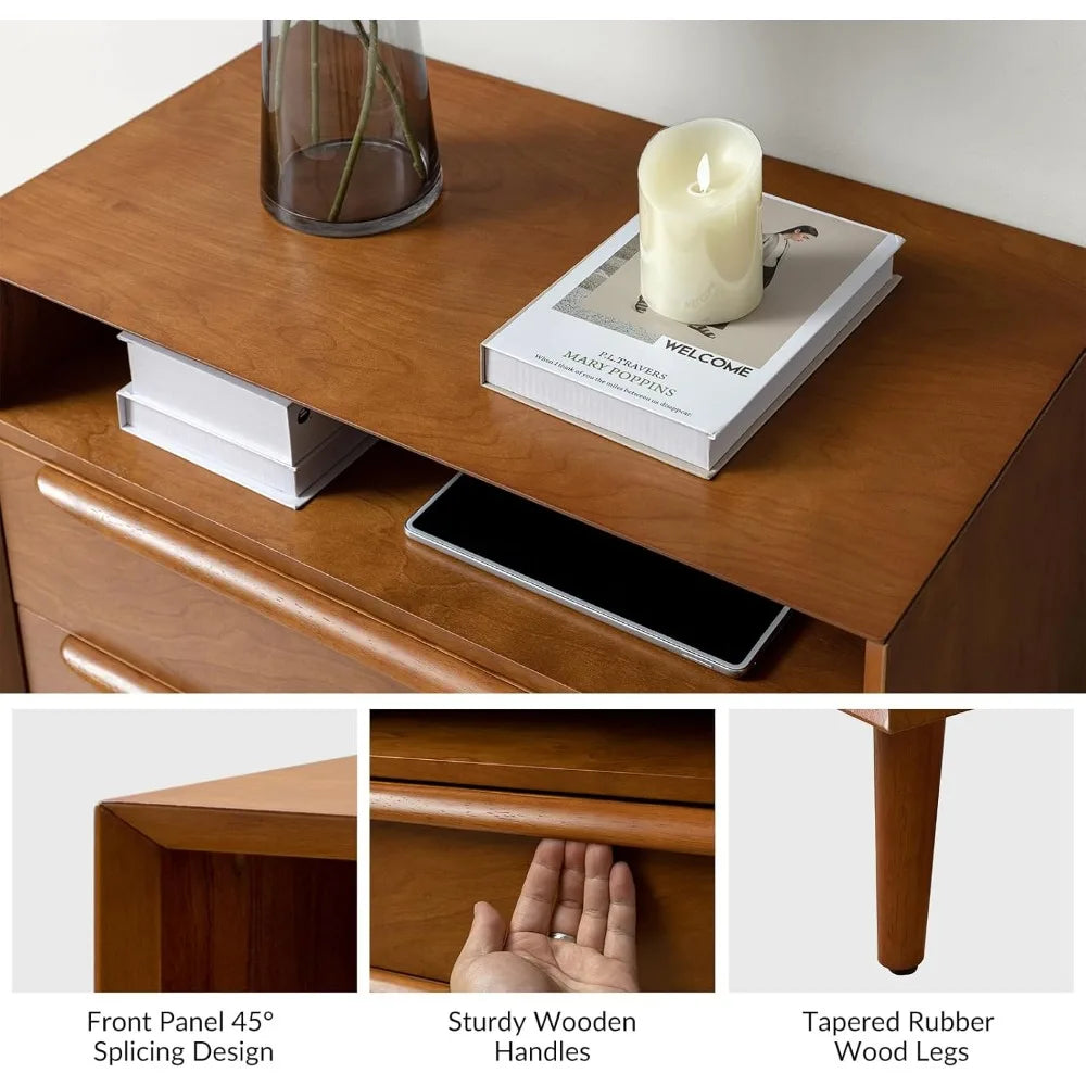 hulala home nightstand with charging station, mid-century modern 2 drawer and open shelf dresser for bedroom, fluted bedside tab