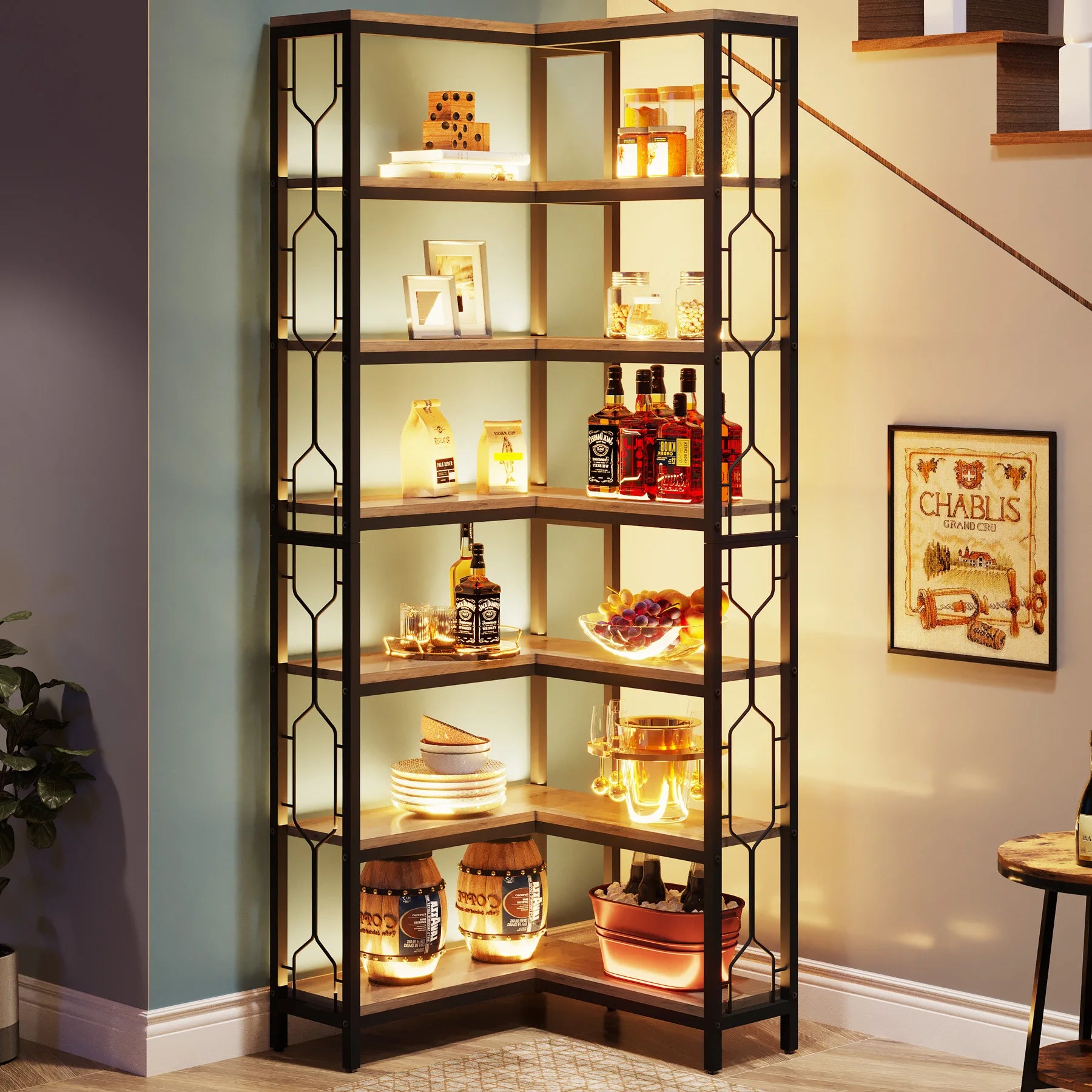 Tribesigns Corner Shelf, 7-Tier Industrial Corner Bookshelf, Wood and Metal Corner Etagere Bookcase