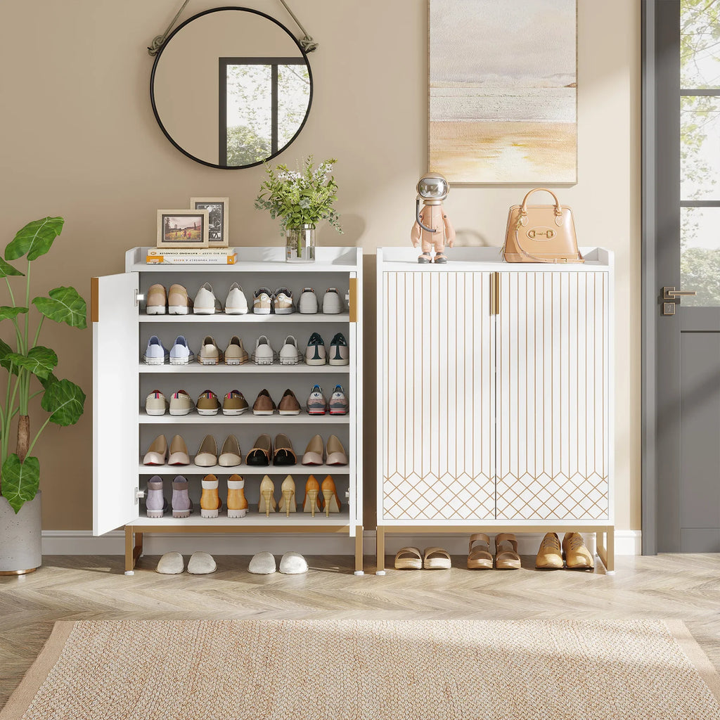Tribesigns White Shoe Cabinets with Doors, 5-Tier Shoe Rack, Wood Storage Cabinet for Bedroom Hallway Living Room