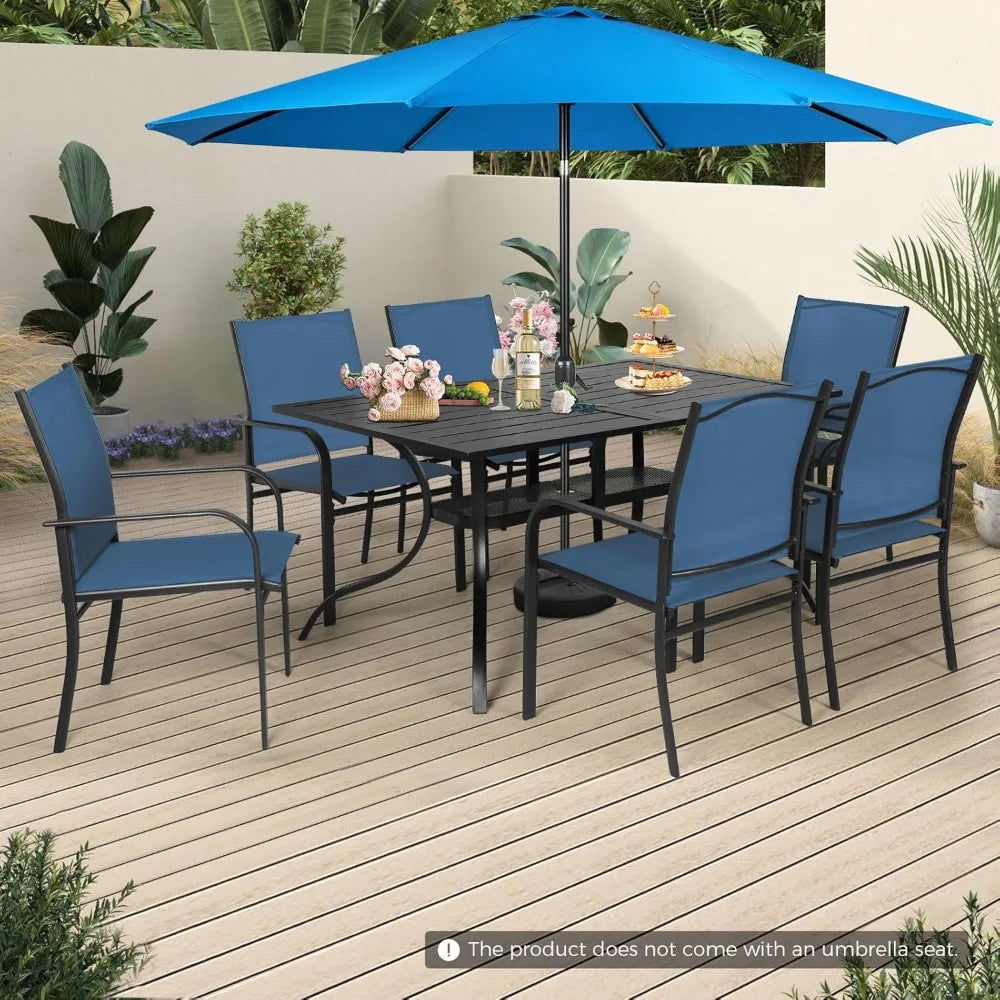 8 Pieces Patio Dining Set with Sky Blue Umbrella, Outdoor Dining Set of 6 Textilene Chairs and Rectangle Table with Umbrella Ho