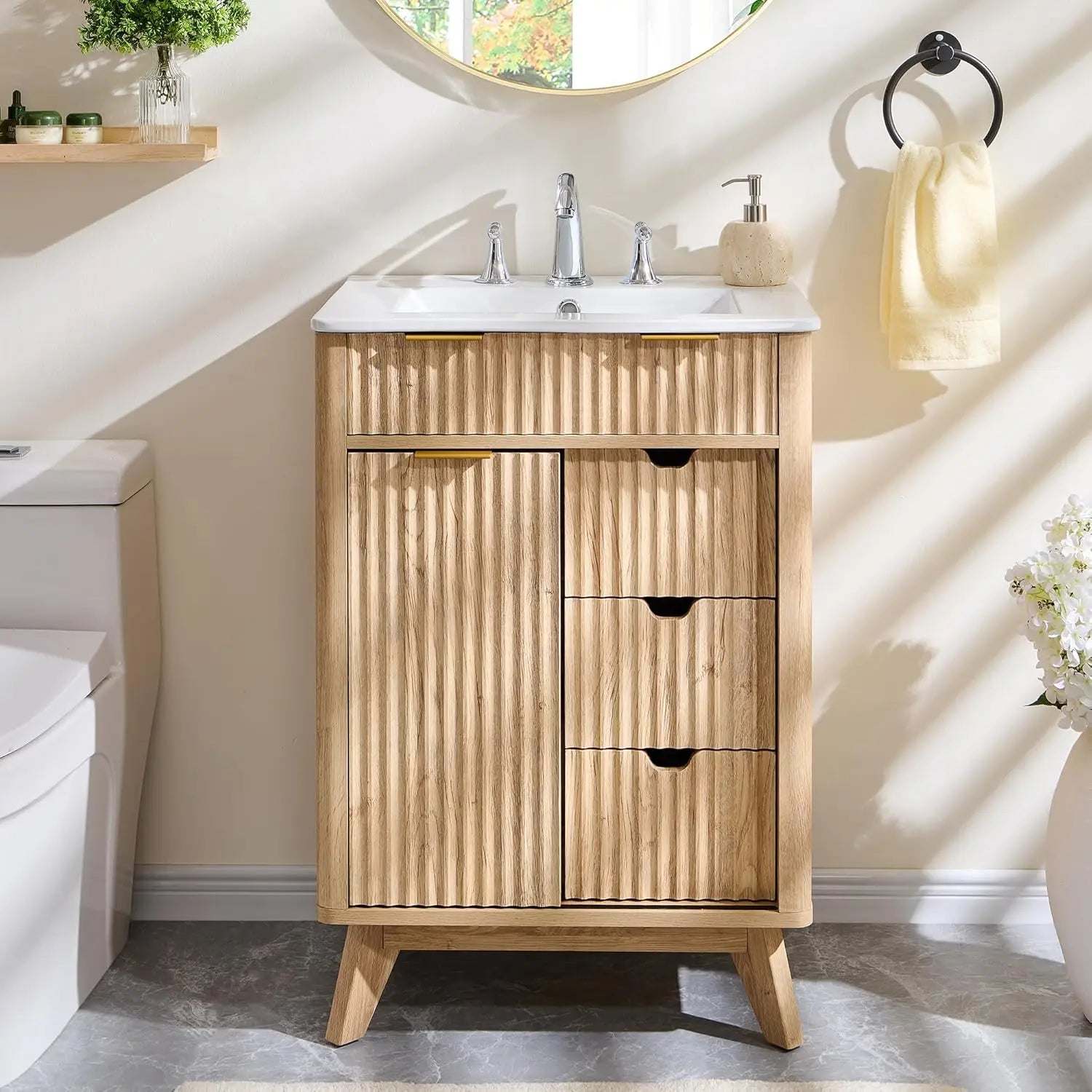 24" Fluted Bathroom Vanity with Ceramic Sink Combo，Freestanding Small Modern Bathroom Storage Vanity Cabinet with Sliding Door