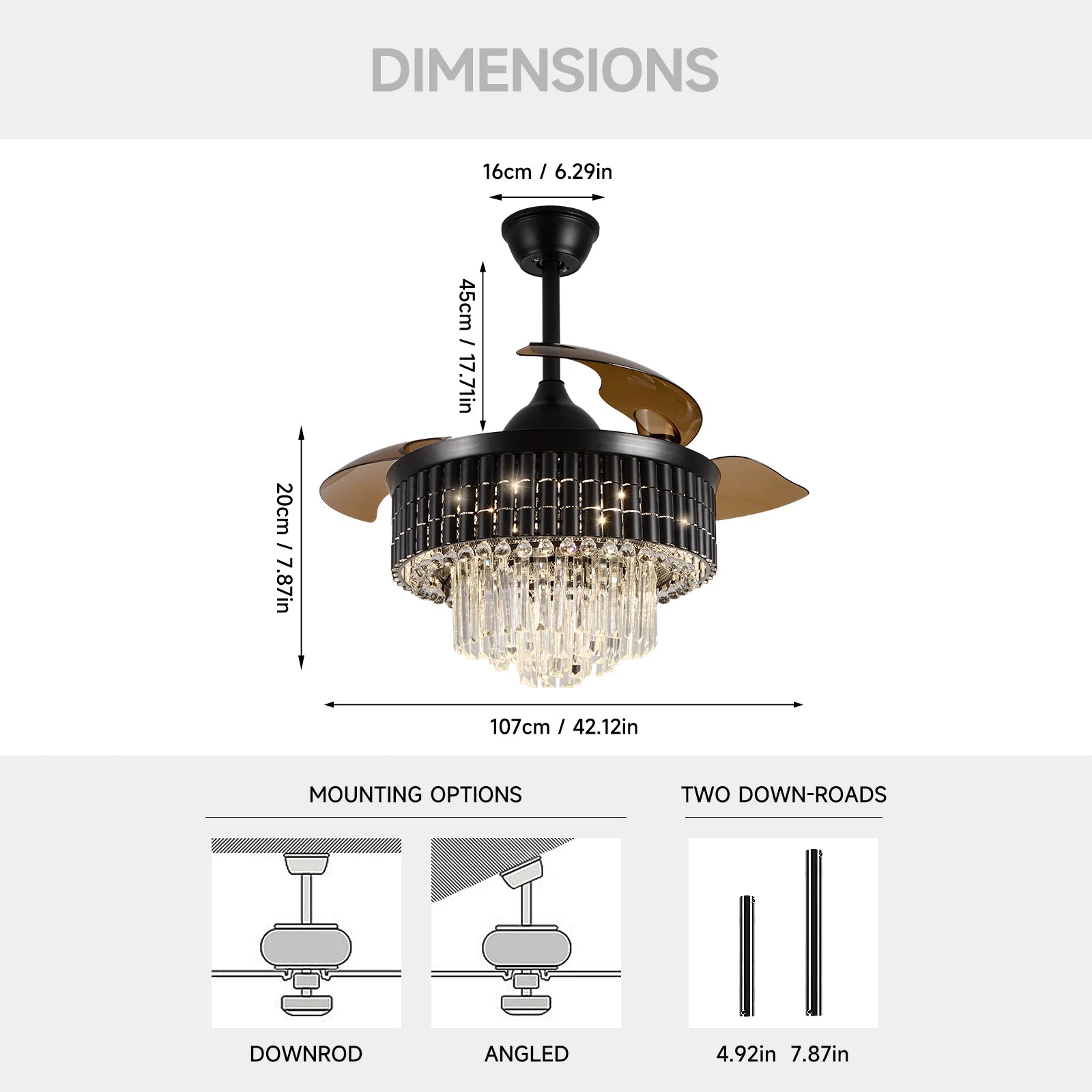 Smart RC Ceiling Fan Lamp Led Light Modern Home Decor Crystal Black Chandelier Living Dining Room Indoor Fixture Intelligent