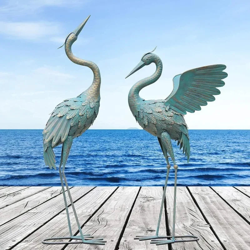 33-37 Inch Crane Statues Set of 2, Spread Wings Metal Bird Sculpture for Outdoor Lawn & Patio
