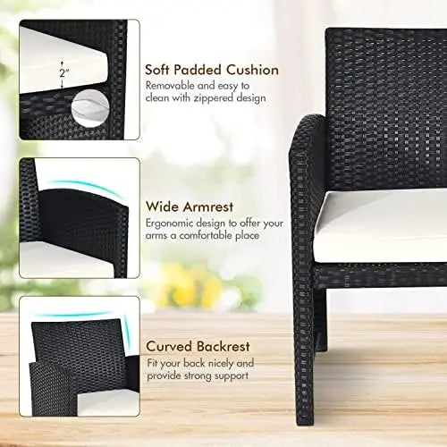4-Piece Rattan Patio Furniture Set, Outdoor Wicker Sofa with Cushions & Glass Table