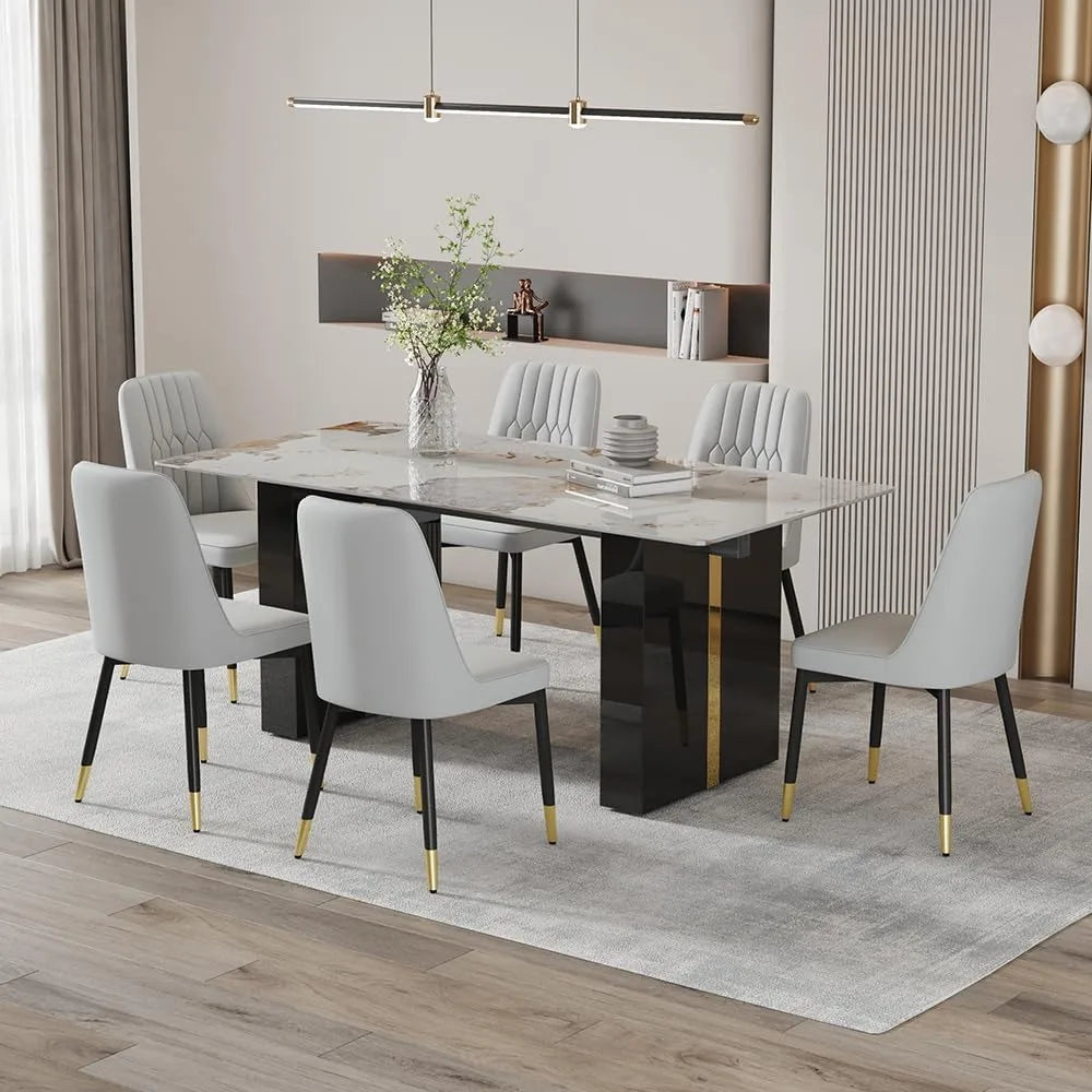 6-Person Modern Faux Marble Dining Table Set with 7 Chairs for Kitchen and Dining Area