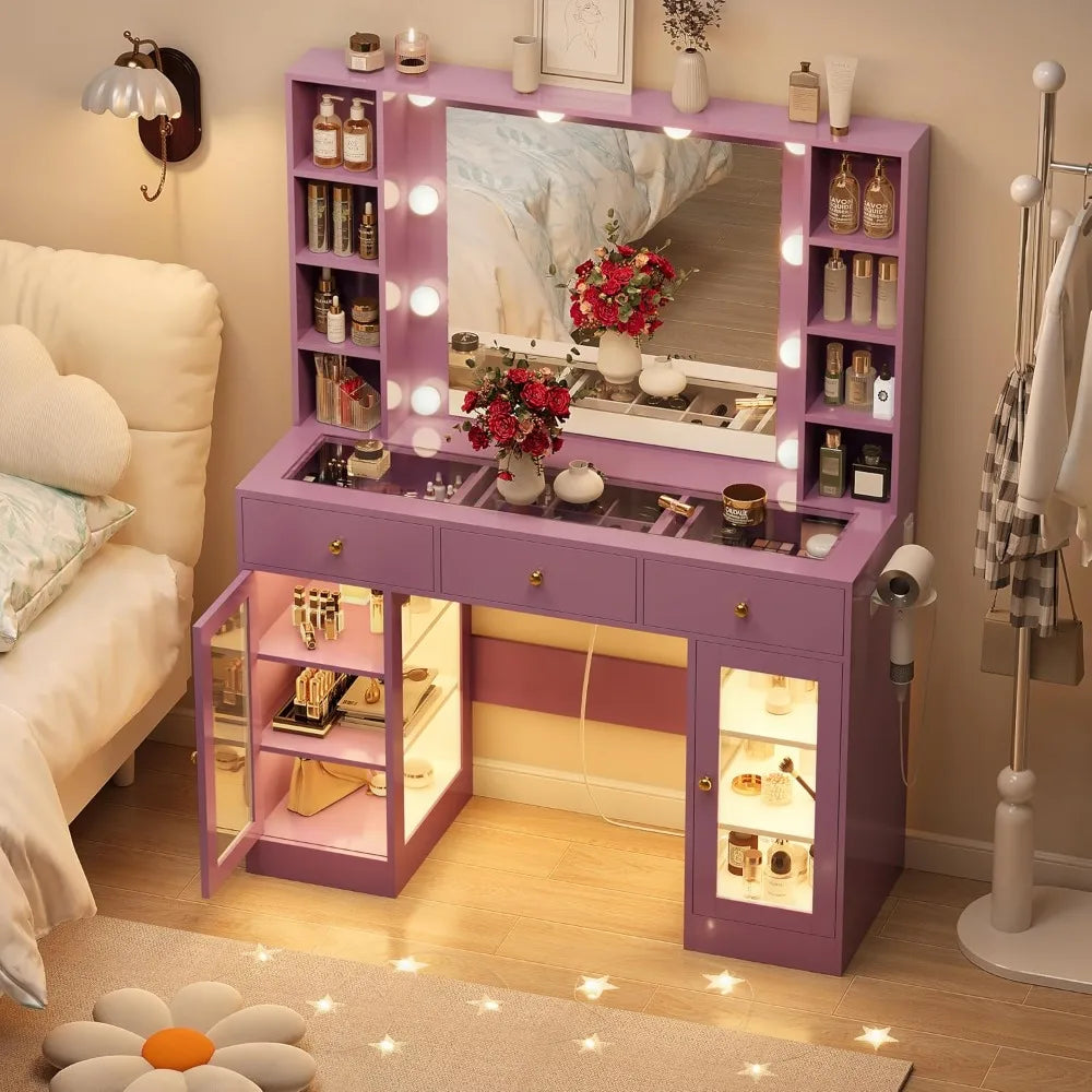 Purple Vanity Desk with Mirror and Lights, Glass Top Vanity with Lighted Mirror & RGB Glass Cabinet and 3 Drawers, Makeup Desk w